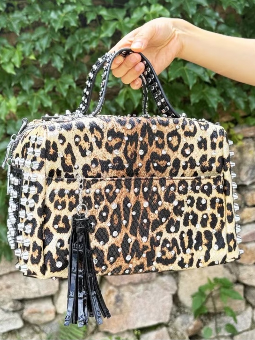 Metallic Gold Leopard Print Satchel/Crossbody Rhinestones & Spikes NIP